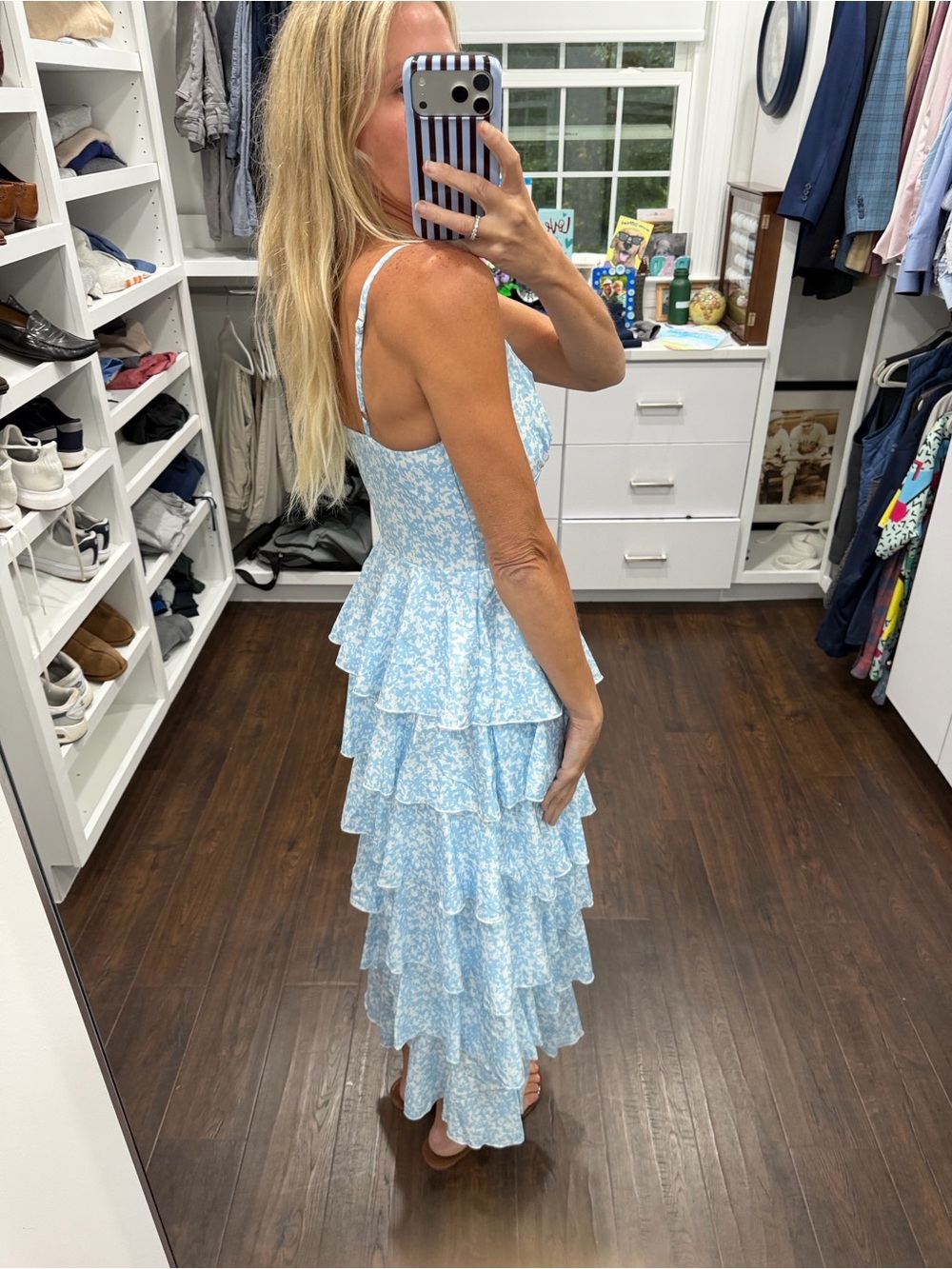 Amazon Light Blue Floral Tiered Midi Dress S - Picture 4 of 6